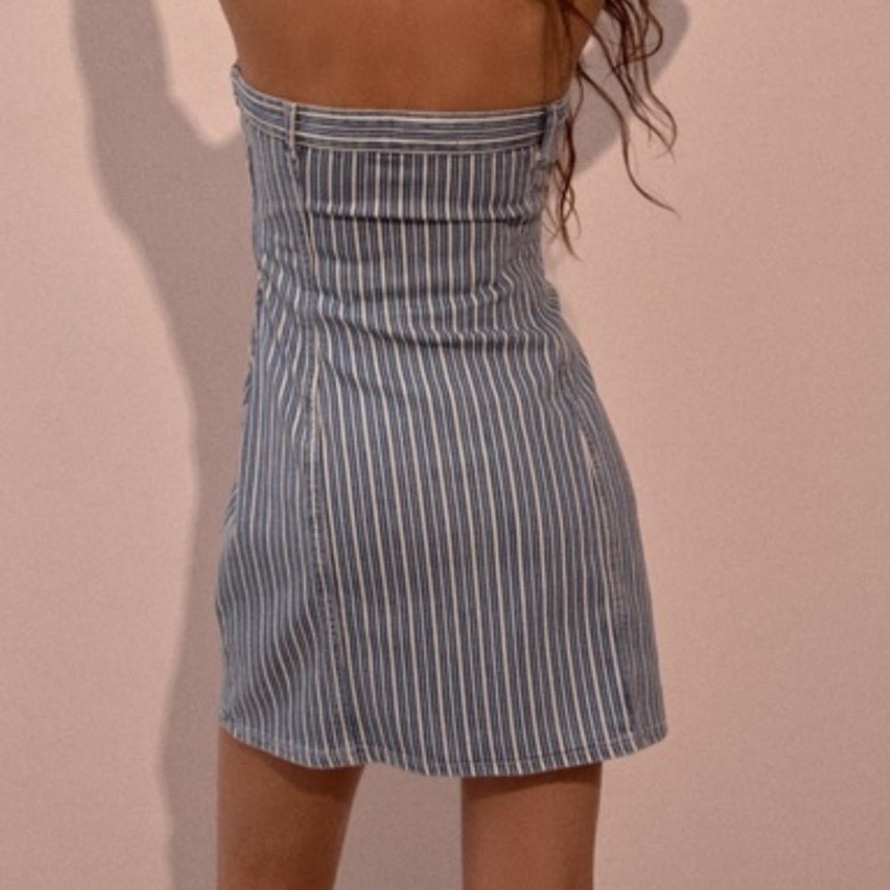 Zara Strapless Striped Denim Mini Strapless Dress Sz L - Picture 2 of 6